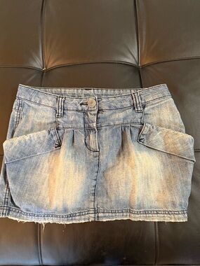 Light Blue Denim Mini Skirt with Front Flap Pockets